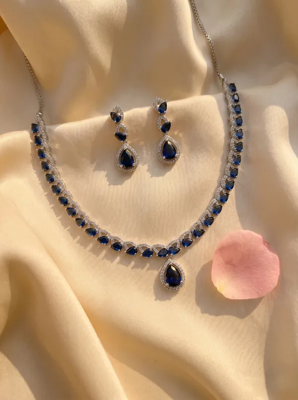 Blue_Alloy_Cubic_Zirconia_Teardrop_Necklace_Set_For_Women
