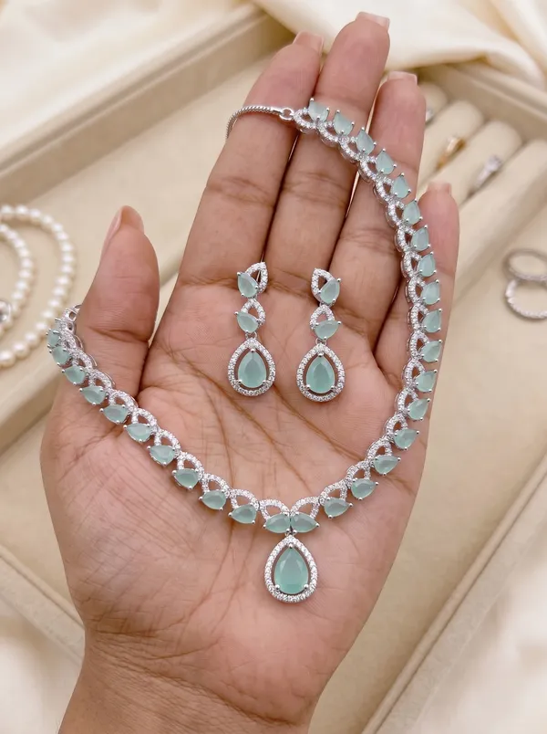 Blue_Alloy_Cz_Turquoise_Teardrop_Pendant_Necklace_Set_For_Women