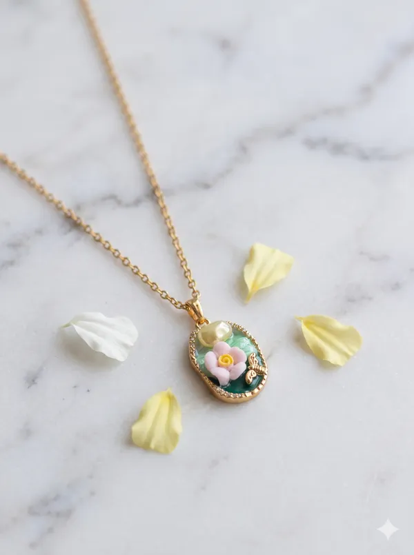 Green_Alloy_Enamel_Floral_Oval_Pendant_Necklace_For_Women