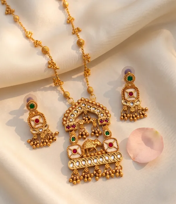 Gold_Plated_Alloy_Temple_Elephant_Pendant_Necklace_Set_With_Earrings