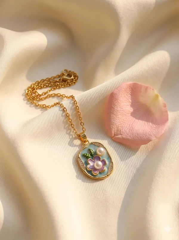 Gold_Alloy_Purple_Enamel_Floral_Pearl_Pendant_Necklace_For_Women