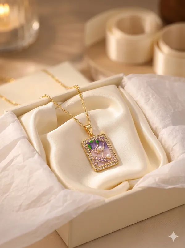 Gold_Alloy_Floral_Enamel_Rectangular_Pendant_Necklace_For_Women