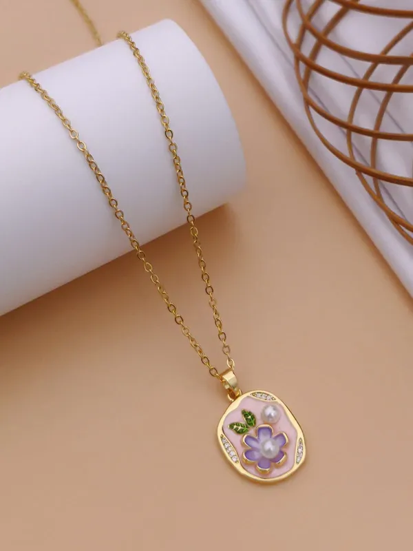 Pink_Alloy_Enamel_Floral_Oval_Pendant_Necklace_For_Women