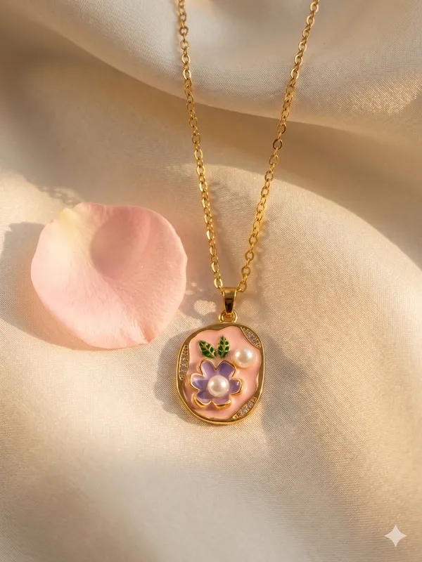 Pink_Alloy_Enamel_Floral_Oval_Pendant_Necklace_For_Women