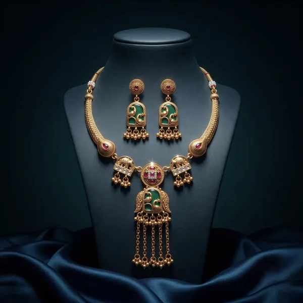 Gold_Alloy_Green_Enamel_Peacock_Motif_Necklace_Set_With_Earrings
