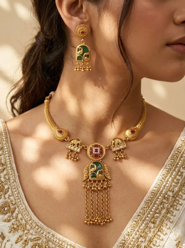 Gold_Alloy_Green_Enamel_Peacock_Motif_Necklace_Set_With_Earrings