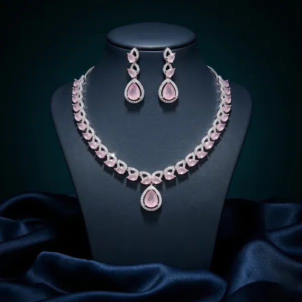Pink_Alloy_Silver_Tone_Gemstone_Teardrop_Necklace_Set_For_Women