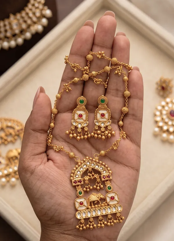 Gold_Plated_Alloy_Temple_Elephant_Pendant_Necklace_Set_With_Earrings