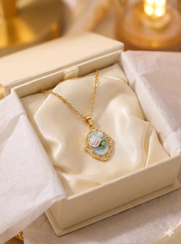 Gold_Alloy_Pink_Green_Floral_Enamel_Pendant_Necklace_For_Women