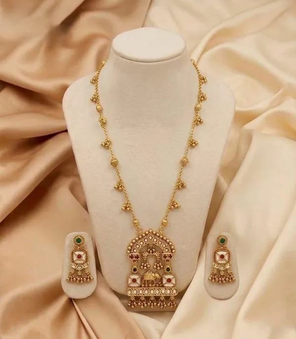 Gold_Plated_Alloy_Temple_Elephant_Pendant_Necklace_Set_With_Earrings