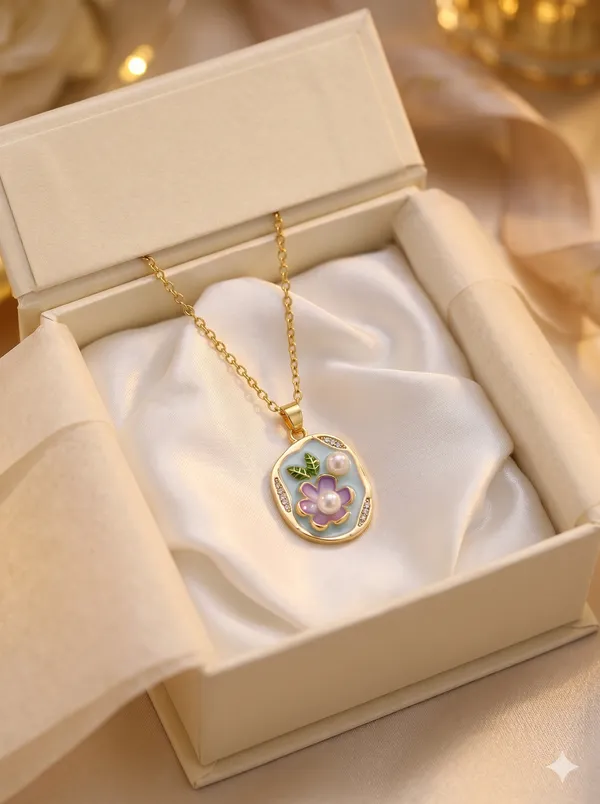 Gold_Alloy_Purple_Enamel_Floral_Pearl_Pendant_Necklace_For_Women
