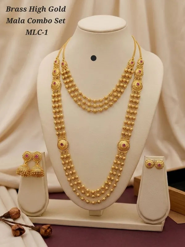 Gold_Plated_Brass_Multi-Layer_Mala_Necklace_Set_With_Jhumka_Earrings