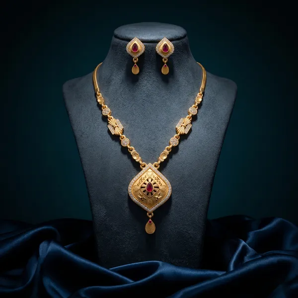 Gold_Plated_Alloy_Ad_Stone_Teardrop_Pendant_Necklace_Set_With_Earrings
