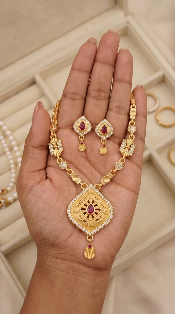 Gold_Plated_Alloy_Ad_Stone_Teardrop_Pendant_Necklace_Set_With_Earrings