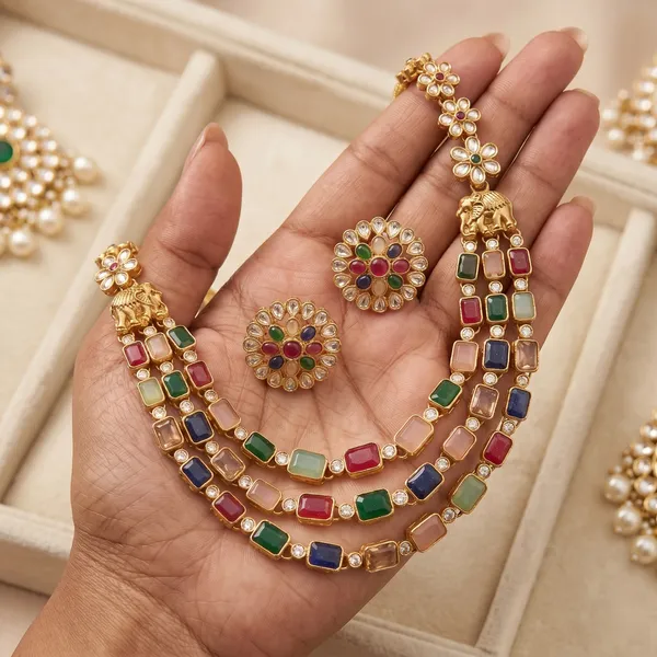 Multicolor_Gold_Plated_Alloy_Kundan_Three-Layer_Necklace_Set_For_Women