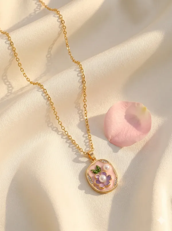 Gold_Alloy_Floral_Enamel_Oval_Pendant_Necklace_For_Women