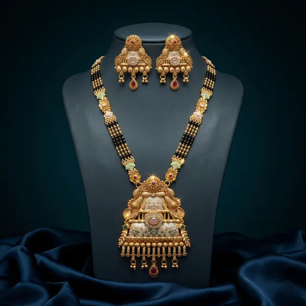 Gold_Plated_Alloy_Temple_Design_Mangalsutra_Set_With_Earrings