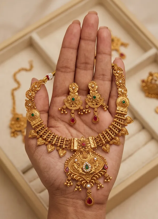 Gold_Alloy_Antique_Temple_Necklace_Set_With_Earrings_For_Women