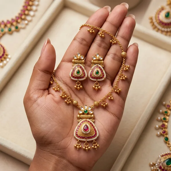 Gold_Plated_Alloy_Kundan_Pink_Meenakari_Pendant_Necklace_Set_For_Women