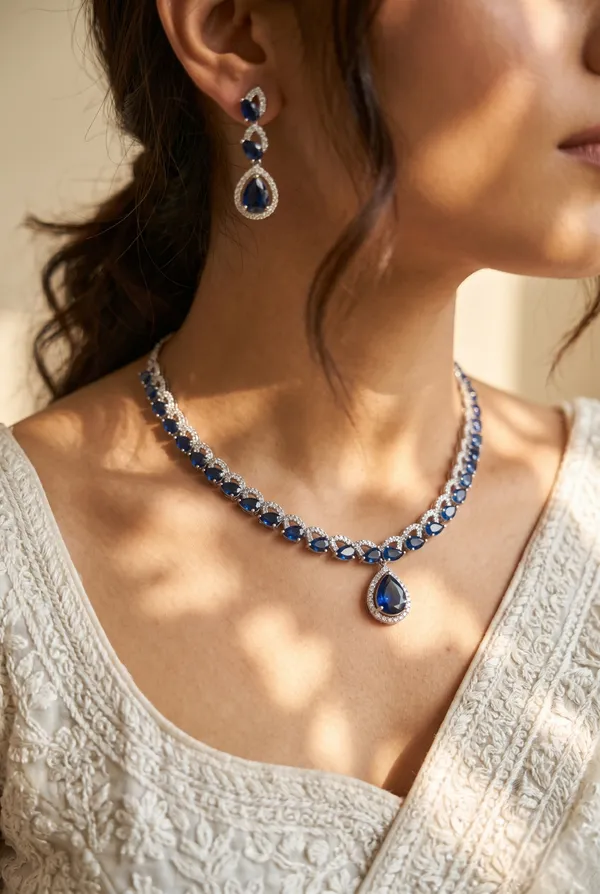 Blue_Alloy_Cubic_Zirconia_Teardrop_Necklace_Set_For_Women
