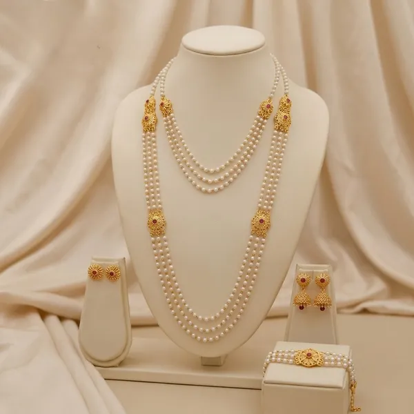 White_Alloy_Gold_Plated_Pearl_Mala_Bracelet_Combo_Set_With_Earrings