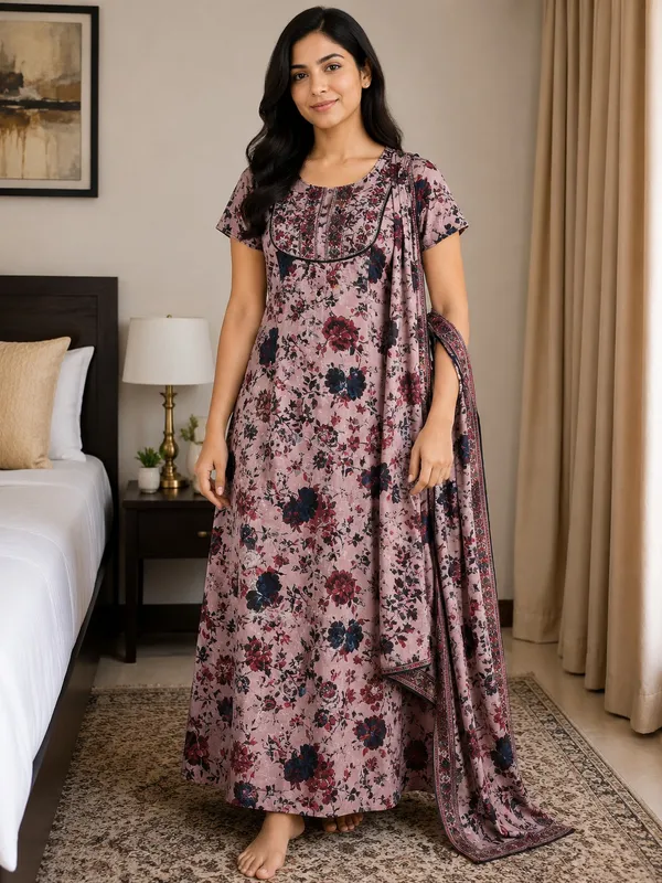 Women_Floral_Printed_Cotton_Nighty_With_Dupatta_|_Premium_Ethnic_Lounge_Wear_Set