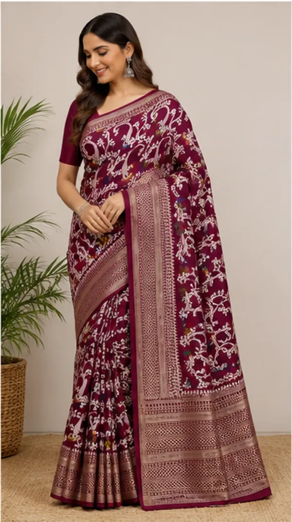 Maroon_Dolla_Silk_Printed_Saree_With_Unstitched_Blouse_For_Women