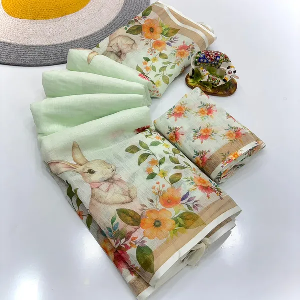 Mint_Green_Linen_Floral_Print_Saree_With_Blouse_For_Women
