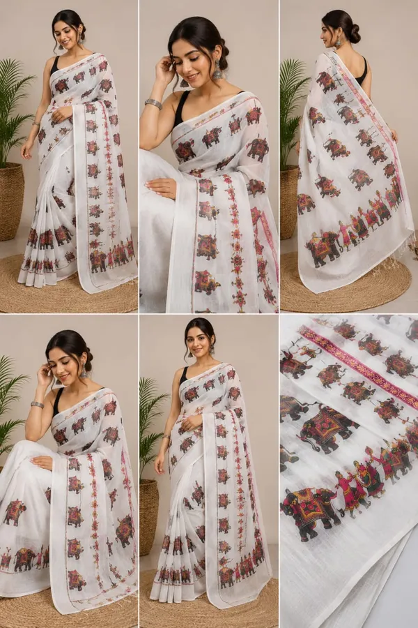 White_Linen_Elephant_Print_Traditional_Saree_With_Blouse_For_Women