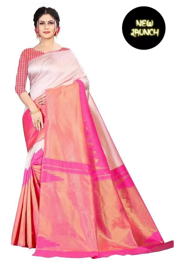 Peach_Pink_Soft_Silk_Saree_With_Unstitched_Blouse_For_Women