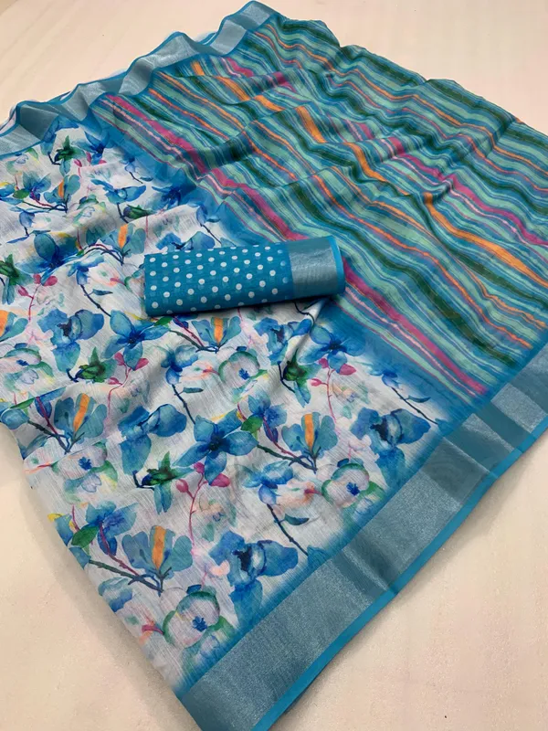 Blue_Linen_Floral_Print_Saree_With_Unstitched_Blouse_For_Women