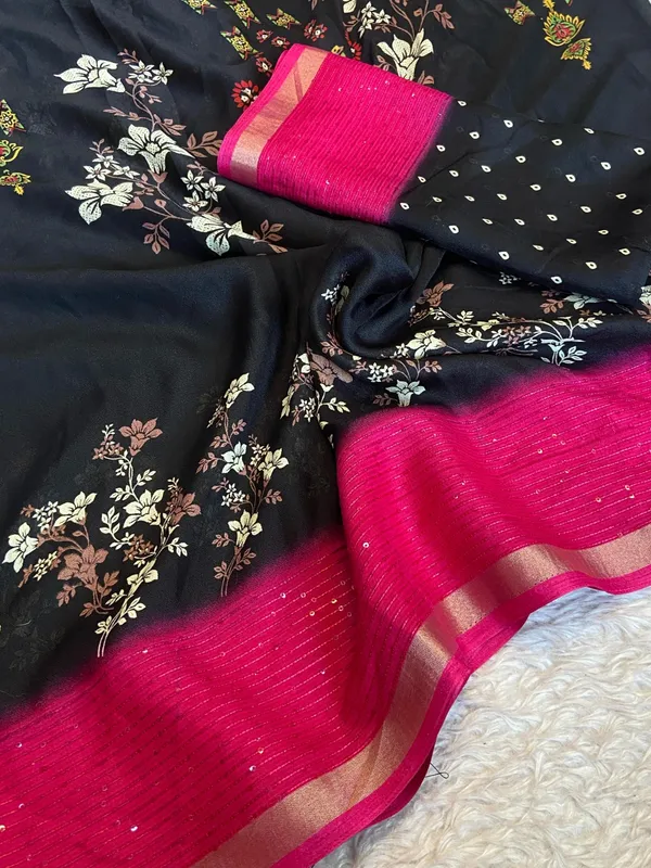 Black_&_Red_Marshmallow_Floral_Embroidered_Saree_With_Blouse_For_Women
