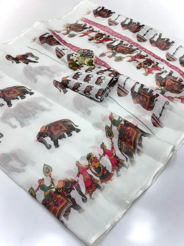 White_Linen_Elephant_Print_Traditional_Saree_With_Blouse_For_Women