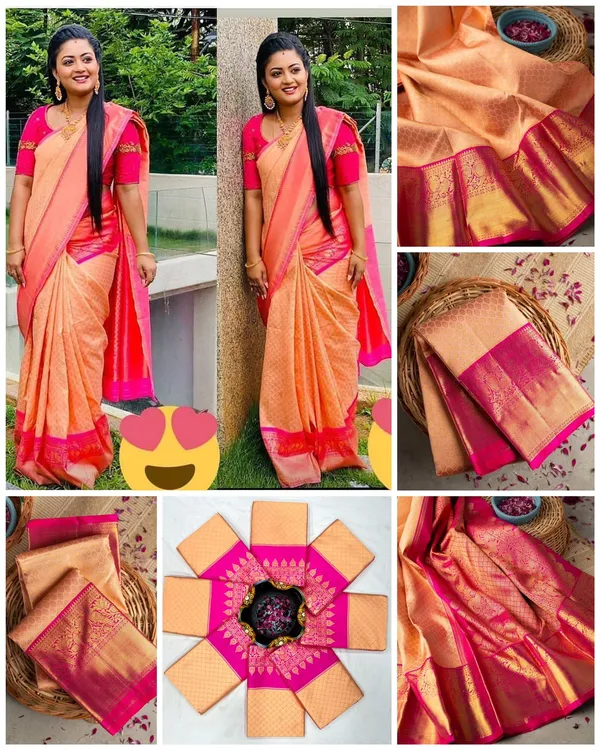 Peach_And_Rani_Pink_Soft_Silk_Saree_With_Unstitched_Blouse_For_Women