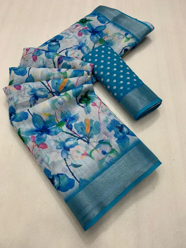 Blue_Linen_Floral_Print_Saree_With_Unstitched_Blouse_For_Women