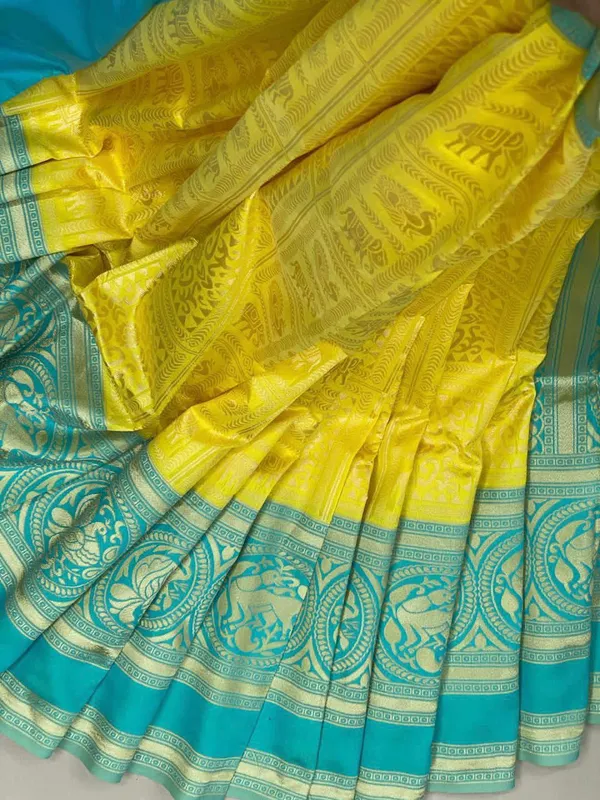 Yellow_And_Sky_Blue_Soft_Silk_Saree_With_Unstitched_Blouse_For_Women