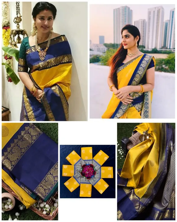 Yellow_Blue_Soft_Silk_Saree_With_Unstitched_Blouse_For_Women