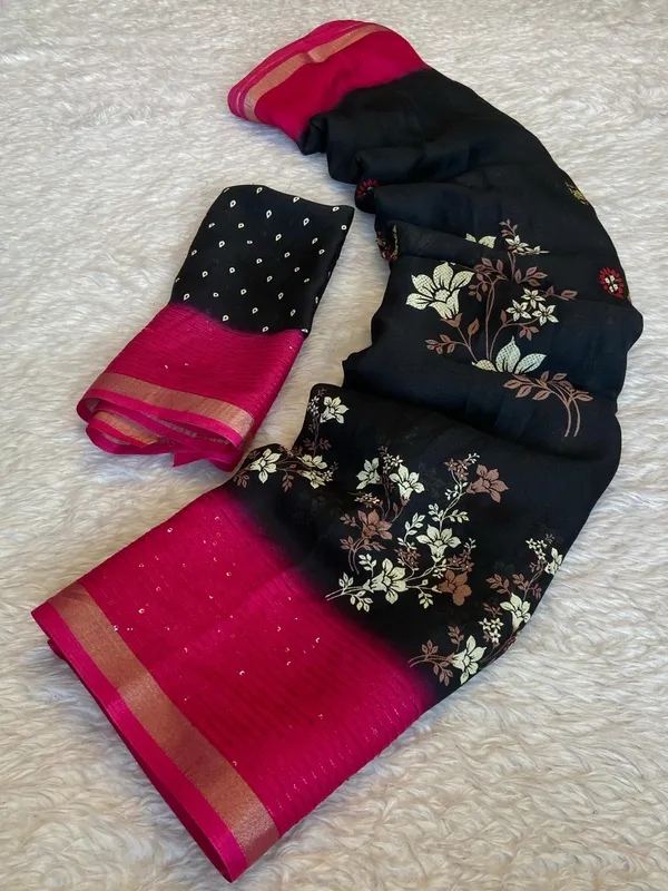 Black_&_Red_Marshmallow_Floral_Embroidered_Saree_With_Blouse_For_Women