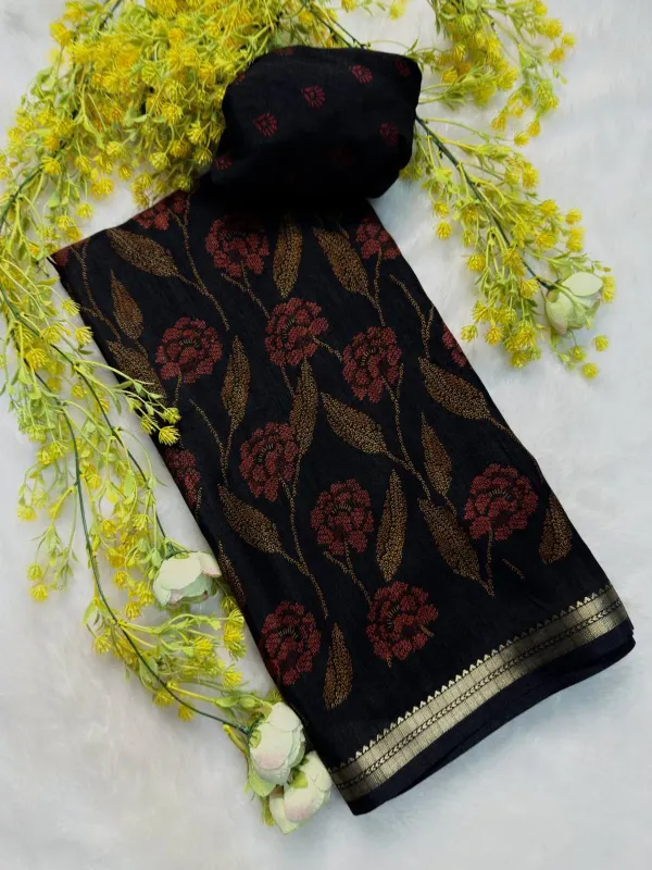 ELEGANT_BLACK_MARSHMELLOW_FLOWER_DESIGN_SAREE_WITH_BLOUSE_PIECE