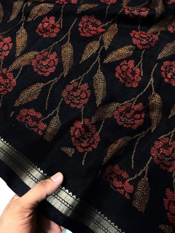 ELEGANT_BLACK_MARSHMELLOW_FLOWER_DESIGN_SAREE_WITH_BLOUSE_PIECE