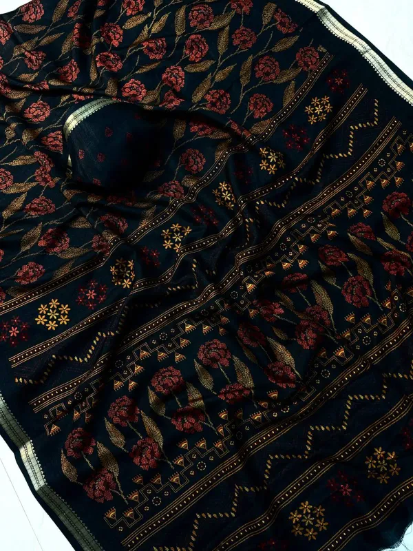 ELEGANT_BLACK_MARSHMELLOW_FLOWER_DESIGN_SAREE_WITH_BLOUSE_PIECE
