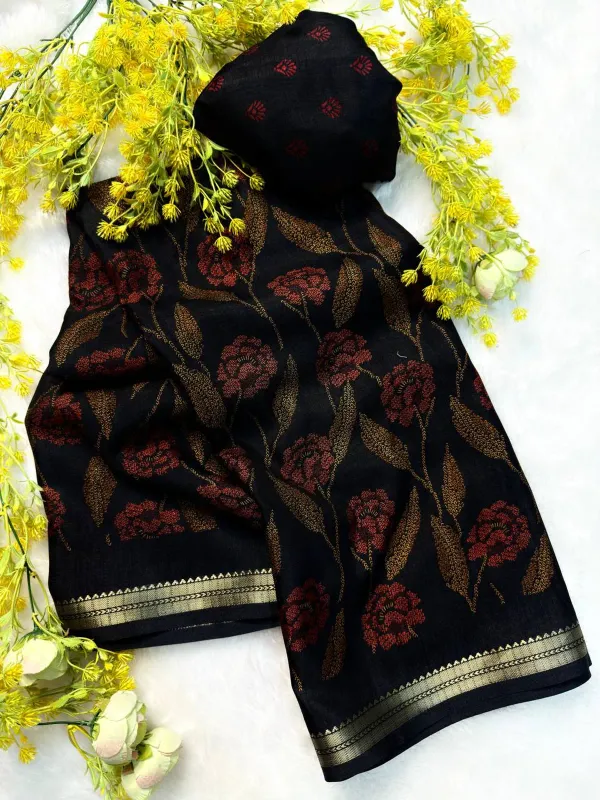 ELEGANT_BLACK_MARSHMELLOW_FLOWER_DESIGN_SAREE_WITH_BLOUSE_PIECE