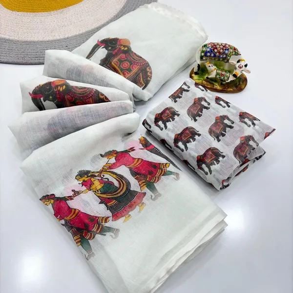 White_Linen_Elephant_Print_Traditional_Saree_With_Blouse_For_Women
