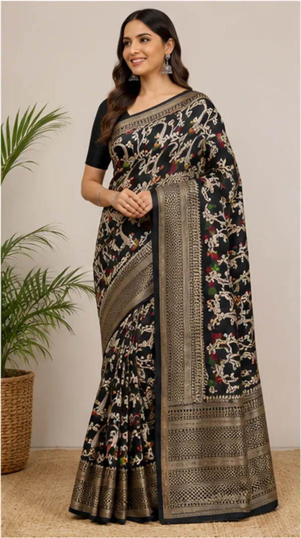 Black_Dolla_Silk_Floral_Printed_Saree_With_Unstitched_Blouse_For_Women