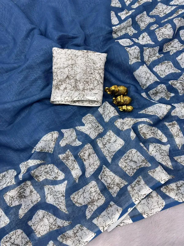 Blue_Linen_Batik_Print_Saree_With_Unstitched_Blouse_For_Women