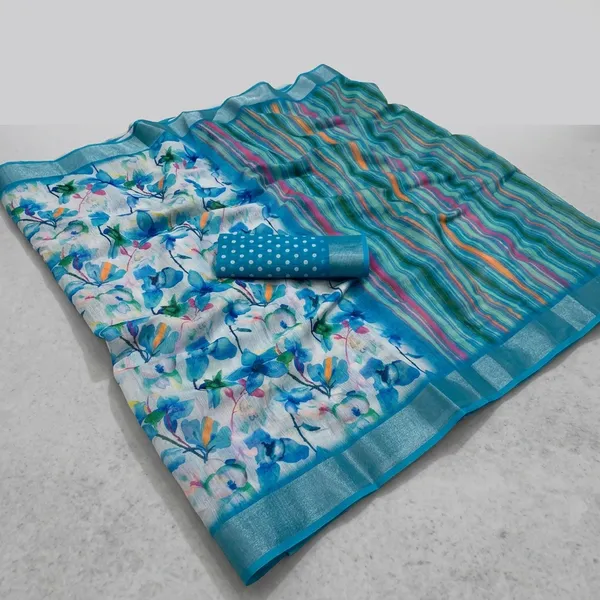 Blue_Linen_Floral_Print_Saree_With_Unstitched_Blouse_For_Women