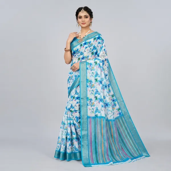 Blue_Linen_Floral_Print_Saree_With_Unstitched_Blouse_For_Women