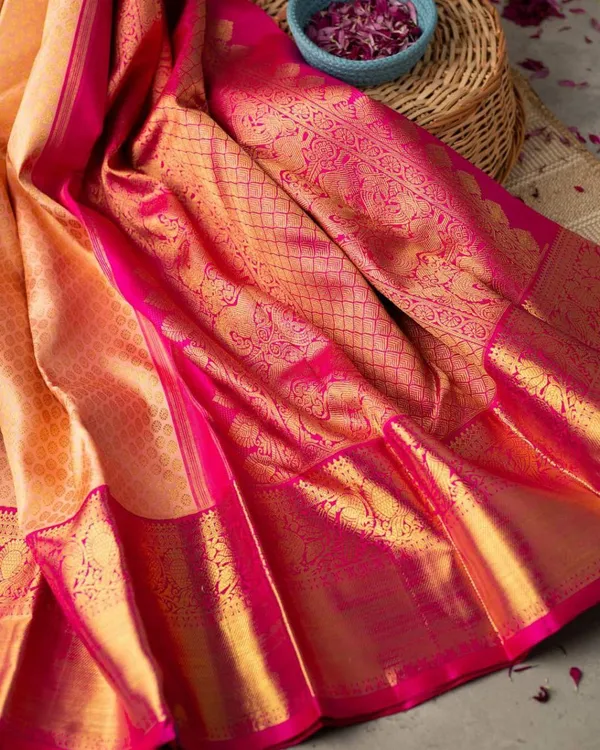Peach_And_Rani_Pink_Soft_Silk_Saree_With_Unstitched_Blouse_For_Women