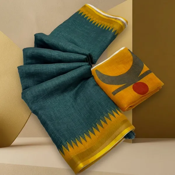 Green_Linen_Temple_Border_Saree_With_Yellow_Blouse_For_Women