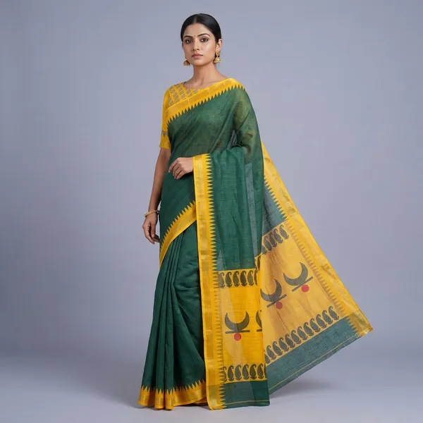 Green_Linen_Temple_Border_Saree_With_Yellow_Blouse_For_Women